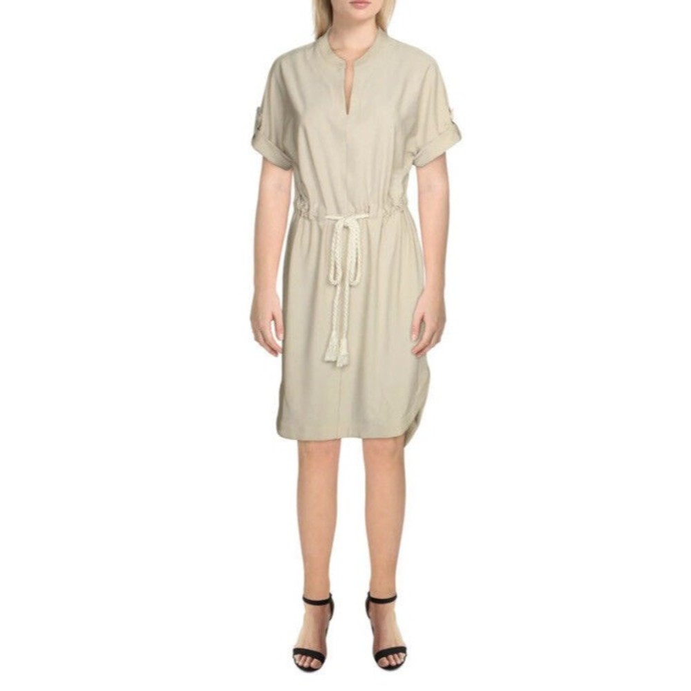 NEW Lysse Womens Shirtdress Split Neck High Low Biscotti Dress Size Small